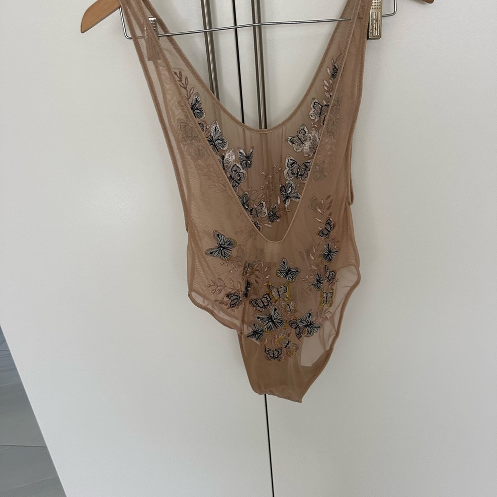 Nude Mesh Embroidered Butterfly Bodysuit by Monarch Reign